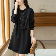 批发限价+12  新中式假两件女2026春季新款气质设计感a字裙长袖裙子