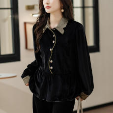 批发限价+12   丝绒拼接纽扣小衫2025秋冬新款设计翻领荷叶下摆