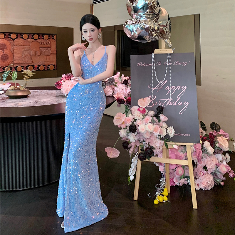 FA36377# 晚礼服女高级感亮片连衣裙性感开叉年会礼服成人礼裙鱼尾 服裝批發女裝批發服飾貨源