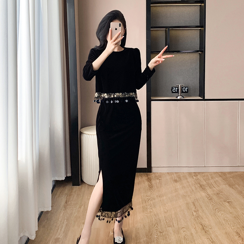 PF23636#新款时尚亮片拼接流苏欧洲站气质遮肉丝绒金两件套女裝貨源服裝批發