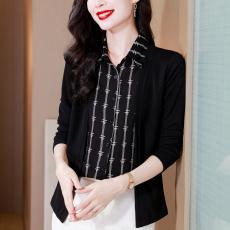 批发长袖针织拼接衬衫女春秋新款假两件时尚洋气气质大码上衣妈妈衬衣