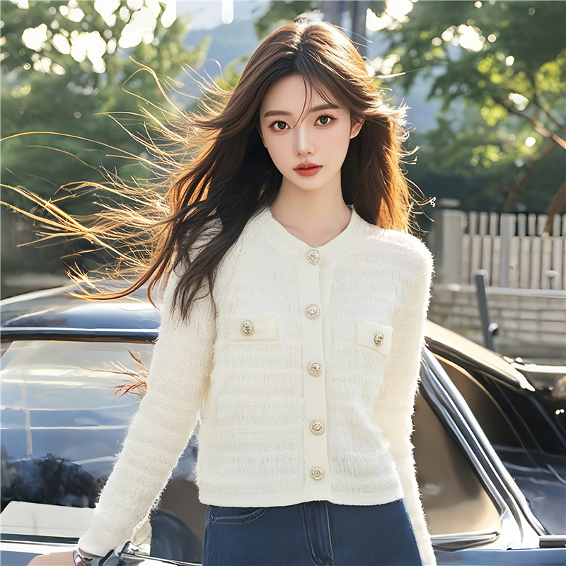 MY15749# 仿水貂绒毛衣外套女冬季新款甜美设计感加厚长袖针织上衣女裝...