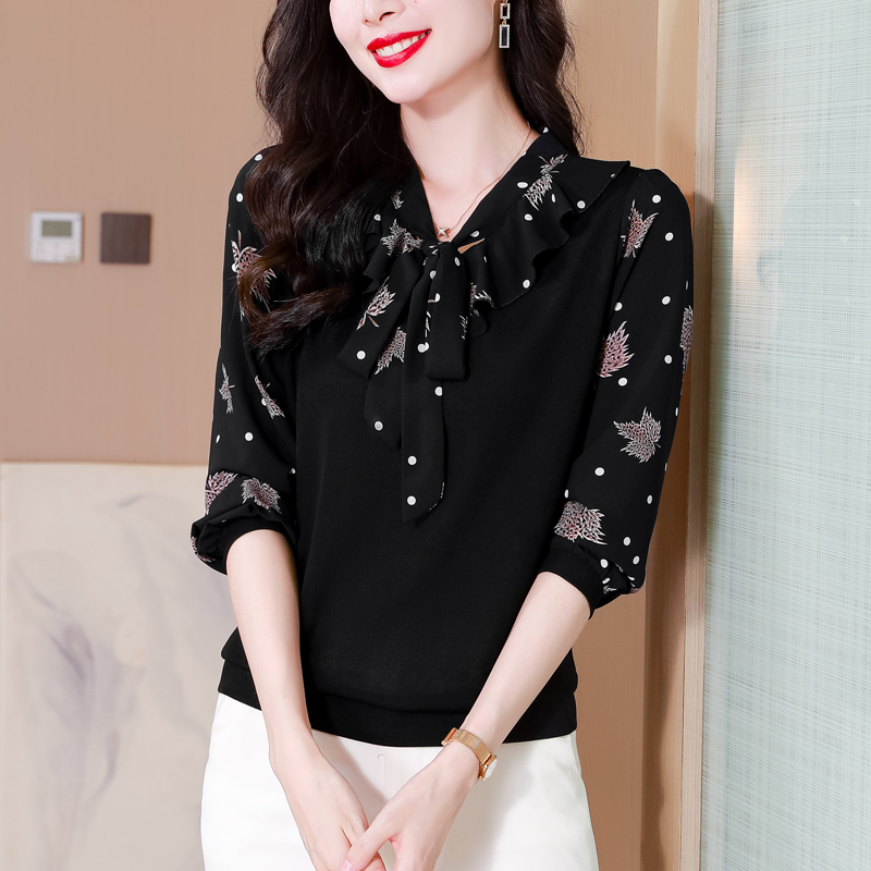 실사 외국 가스 꽃무늬 프릴 리본 페이크 레이어드 기본 셔츠 여성 봄 가을 새로운 패션 품격 연령 감소 작은 셔츠
