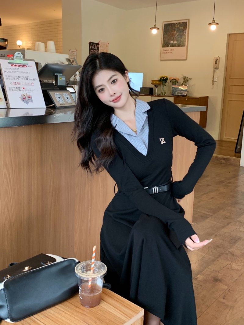 전체 가게 실사 한국 스타일 폴로 칼라 패치워크 페이크 레이어드 여성 드레스 봄 가을 고급 센스 허리 수축 슬림해 보이는 길다 치마