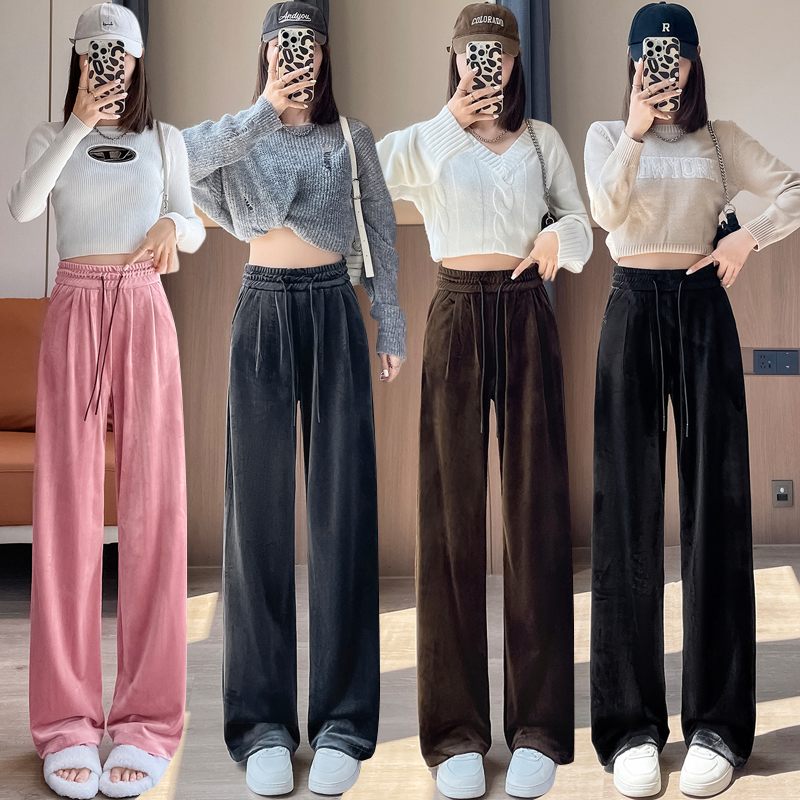 PF24089#金丝绒阔腿裤女高腰垂感宽松慵懒风直筒休闲拖地裤女裝女裝貨源服裝批發