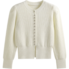 批发九州诚品/JZZDEMM多扣装饰坑条泡泡肩开衫女收腰<b class='q'>显瘦</b>针织衫上衣潮