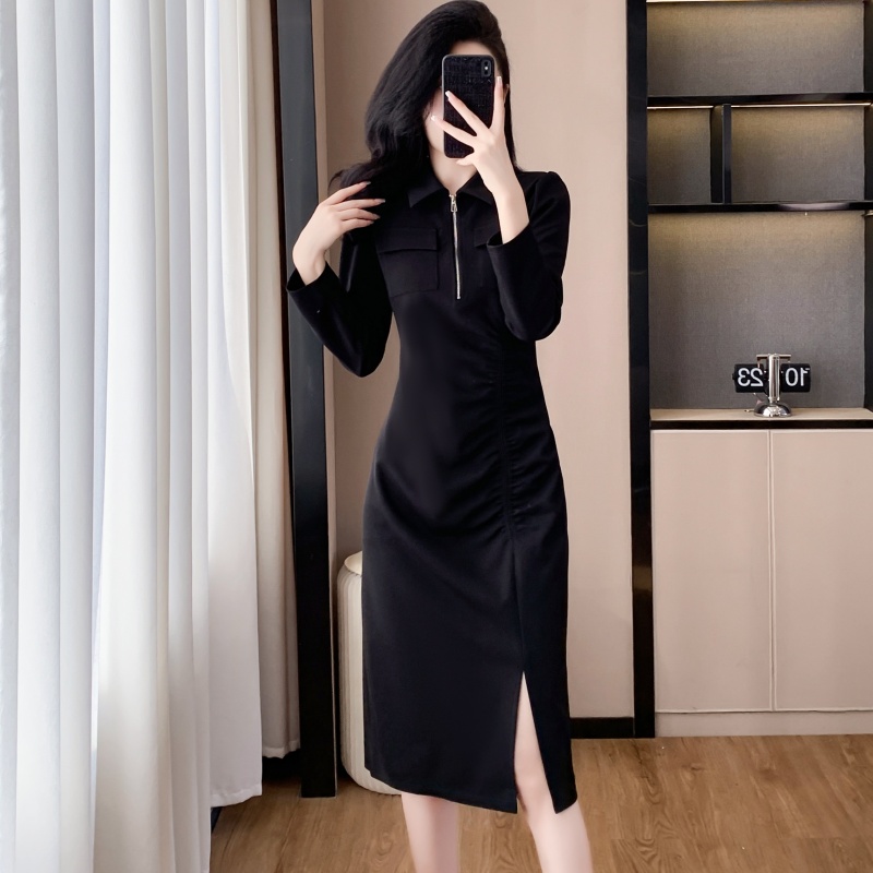 PF23630#新款赫本名媛风气质褶皱收腰显瘦中长款开叉连衣裙女裝貨源服裝批發