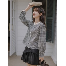 批发欣旺 官图 原版布料 法式甜美蕾丝立领<b class='q'>格子</b>长袖<b class='q'>衬衫</b>上衣小众<b class='q'>衬衣</b>