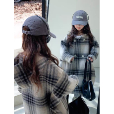 批发2024新款夹棉连帽毛呢外套女中长款呢子大衣中大童秋冬保暖童装潮