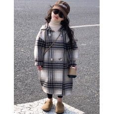 批发2024新款夹棉连帽毛呢外套女中长款呢子大衣中大童秋冬保暖童装潮