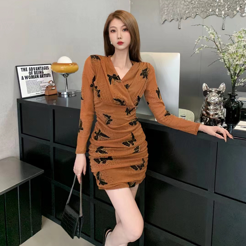 PF23618#新款气质性感打底长袖包臀显瘦网纱印花连衣裙女裝貨源服裝批發