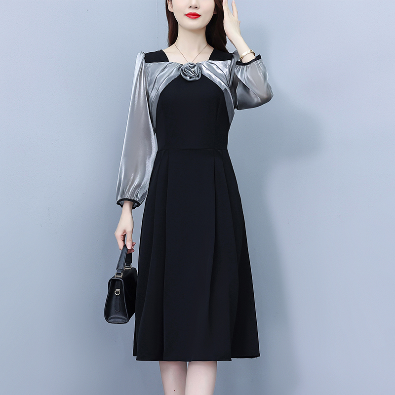 MY12600# 已出货 2025秋季新款淑女显瘦大码女装减龄气质雪纺拼接连衣裙