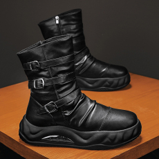 批发秋冬新款厚底增高骑士潮靴皮面黑色工装机车侧拉链高帮户外男靴