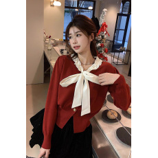 批发新年红抖音天猫品质新款蝴蝶结绑带长袖<b class='q'>针织</b>衫气质减龄毛衣<b class='q'>开衫</b>