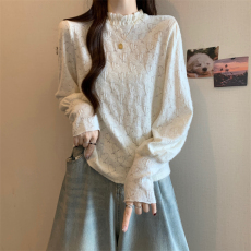 批发实拍  秋冬新款大码蕾丝女半高领高级感内搭修身镂空上衣女