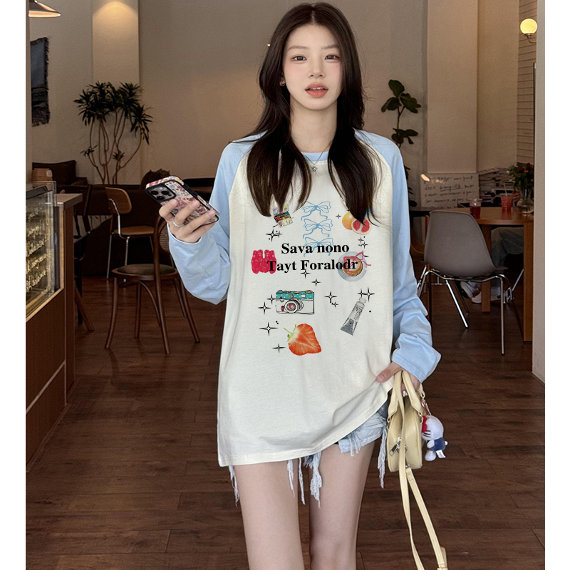 PF23670#100%棉精梳紧密赛络纺丨印花插肩拼色长袖t恤女女裝貨源服裝批發