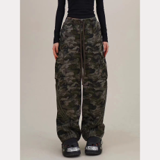 批发重工艺水洗布美式高街三条杠迷彩工装裤女秋冬直筒阔腿裤潮