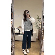 批发现货秋季新款早秋白色长袖衬衫加刺绣针织<b class='q'>马甲</b>加裤子套装