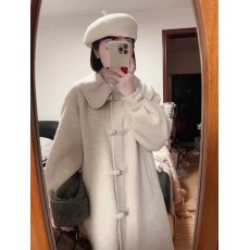 批发长款毛呢大衣女春秋小个子韩系气质复古娃娃领盘扣呢子外套高级感