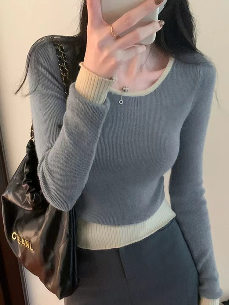 이른 가을 새로운 고급 센스 배색 라운드 넥 몸매 가꾸기 긴팔 인사이드 가져 가라. 스웨터 긴팔 니트 스웨터 만나는