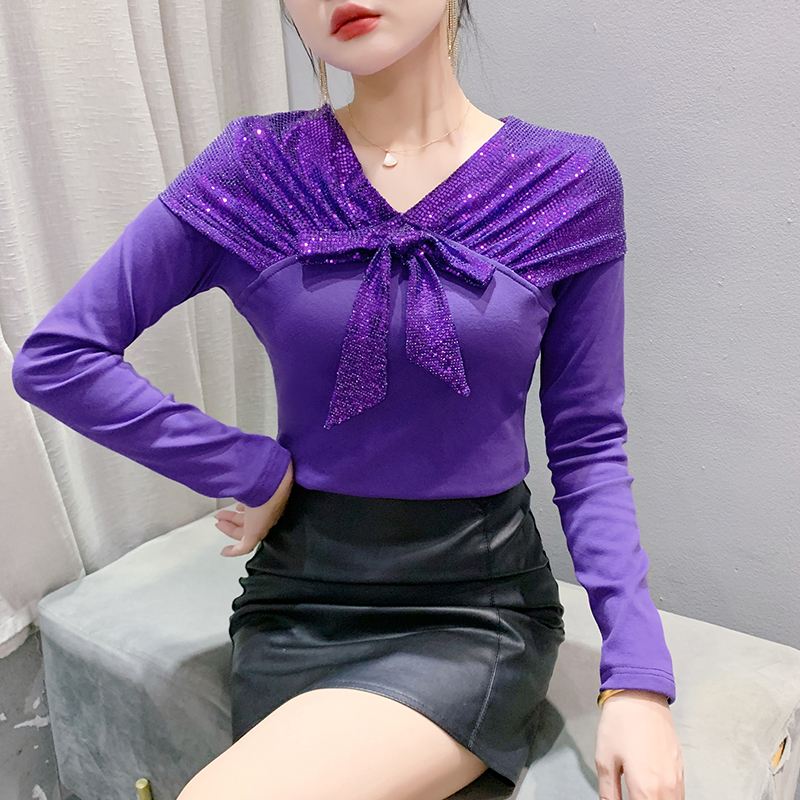 가을 겨울 새로운 스팽글 패치워크 V넥 티셔츠 여성 패션 다용도 긴팔 기본 셔츠 외국 가스 몸매 가꾸기 슬림해 보이는 작은 셔츠 트렌디