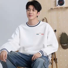 批发帅气卫衣男撞色螺纹圆领长袖重磅350G学生帽衫宽松情侣外套落肩袖