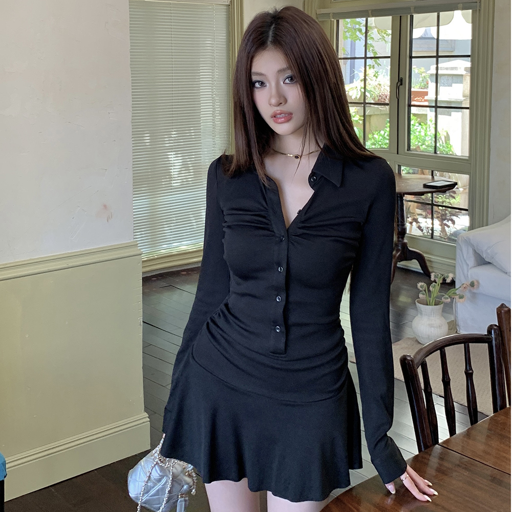 실사 2026 봄 드레스 새로운 허리 수축 주름 미니 스커트 여성 드레스 아메리칸 POLO 칼라 허리 수축 연령 감소 우산 치마 트렌디