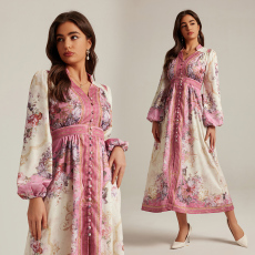 批发实拍宫廷风V领复古印花长款<b class='q'>连衣裙</b>