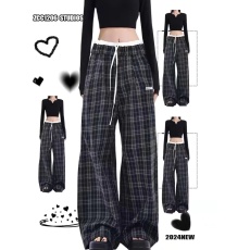 批发春夏美式复古拼接格子阔腿裤女高腰宽松休闲裤直筒垂感拖地长<b class='q'>裤子</b>