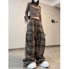 批发美拉德美式复古工装裤女春<b class='q'>秋</b>新款毛呢格子休闲运动长裤