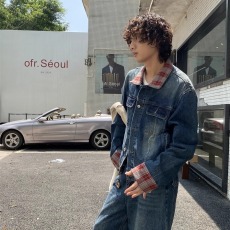 批发美式格纹格子拼接牛仔外套型男痞帅翻领时尚潮流休闲夹克男