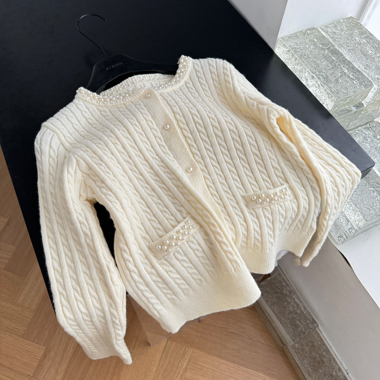 pearl collar, wool knitted cardigan, French heiress, small fragrant style jacket, women's high-end pink_voghion.com