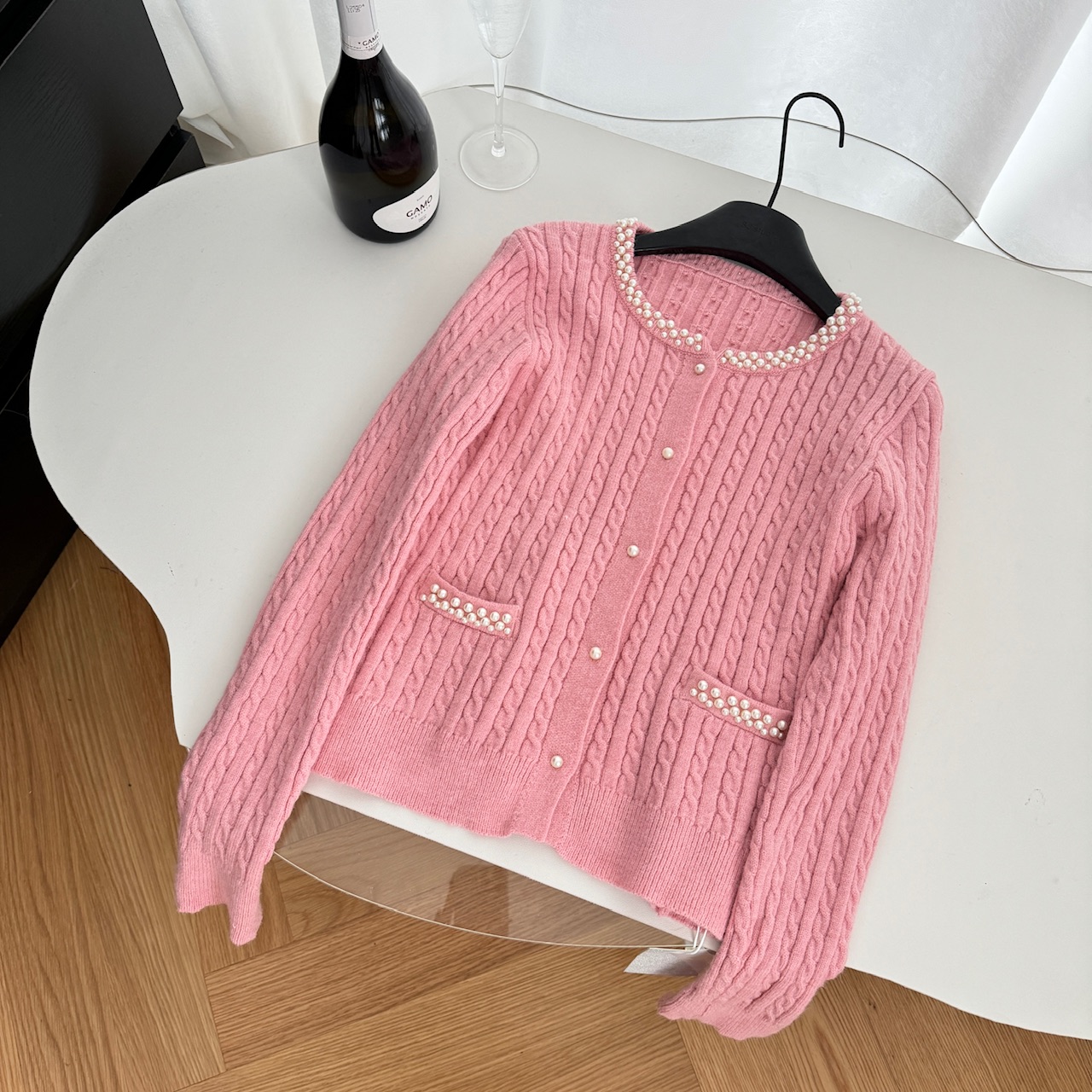 pearl collar, wool knitted cardigan, French heiress, small fragrant style jacket, women's high-end pink_voghion.com