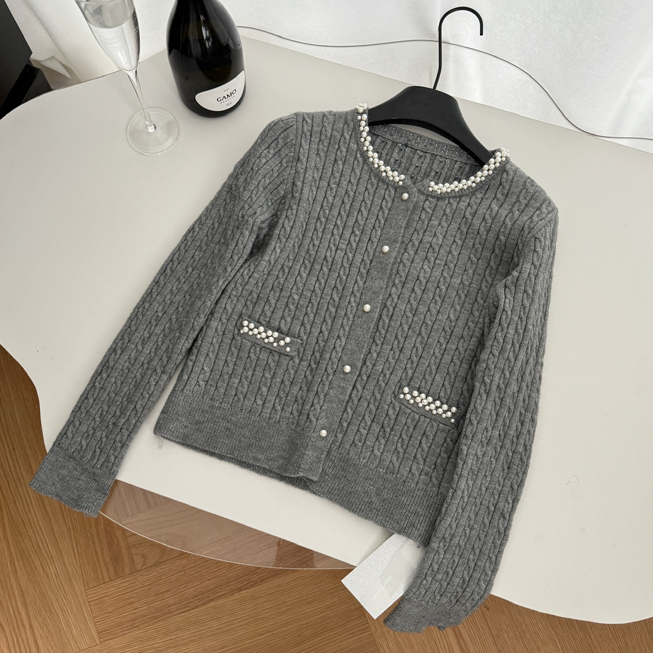 pearl collar, wool knitted cardigan, French heiress, small fragrant style jacket, women's high-end pink_voghion.com