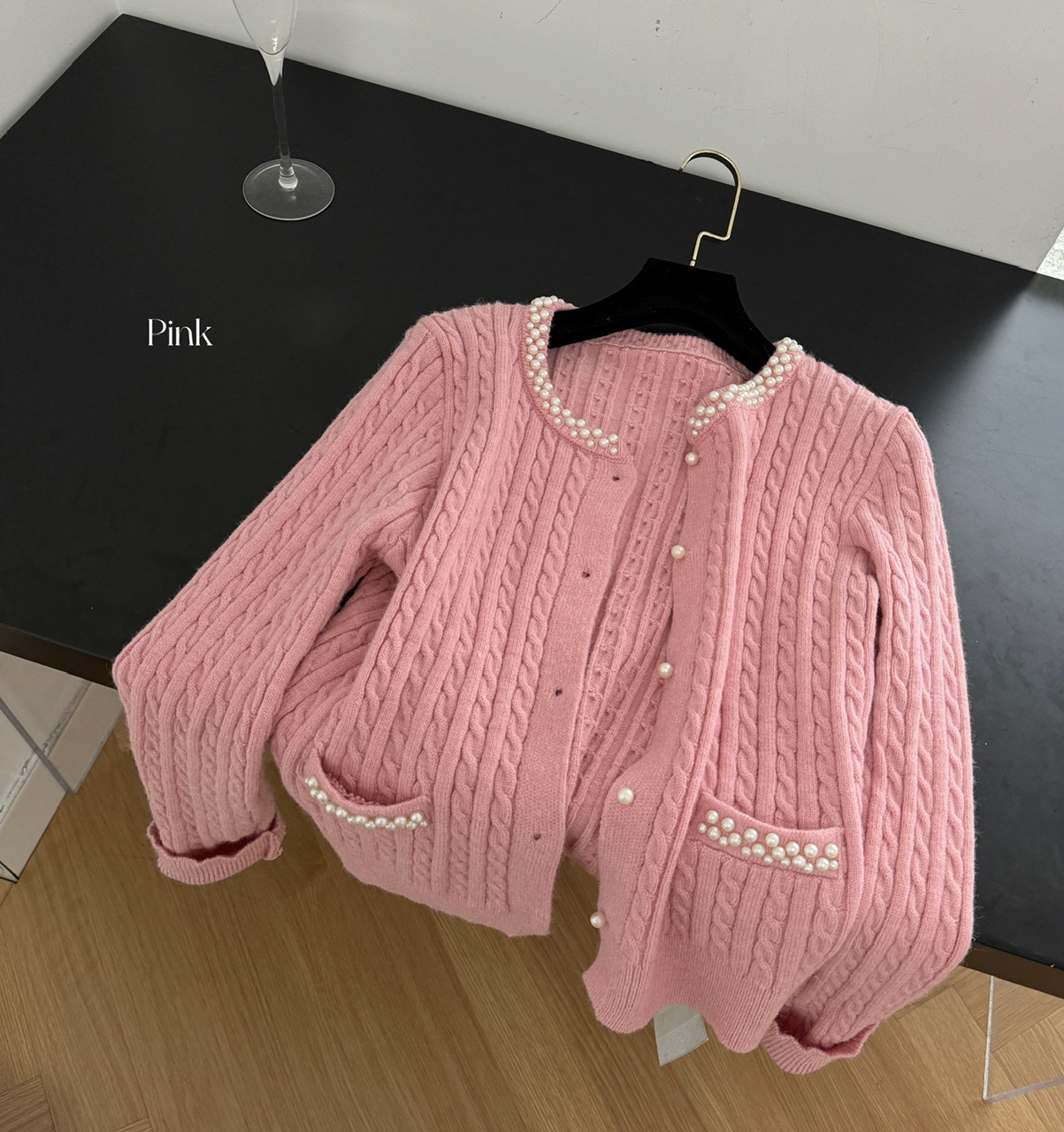 pearl collar, wool knitted cardigan, French heiress, small fragrant style jacket, women's high-end pink_voghion.com