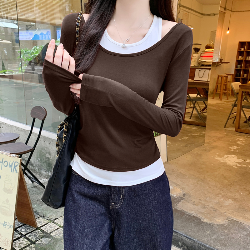 PF23677# 复古撞色假两件U领长袖t恤女抽褶收腰内外叠穿打底上衣女裝貨源服裝批發