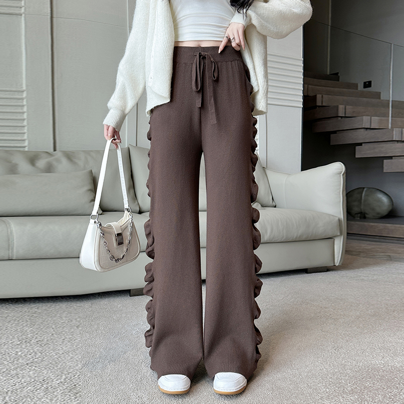 PF23818# 慵懒风木耳边针织阔腿裤子女秋季2024新款高腰宽松直筒垂感休闲裤女裝貨源服裝批發