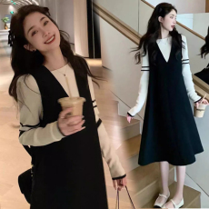 批发大码女装秋冬新款<b class='q'>韩版</b>时尚减龄显瘦假两件针织连衣裙长袖毛衣裙
