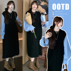 2026早春新款设计师假两件衬衫针织连衣裙宽松显瘦拼接孕妇连衣裙