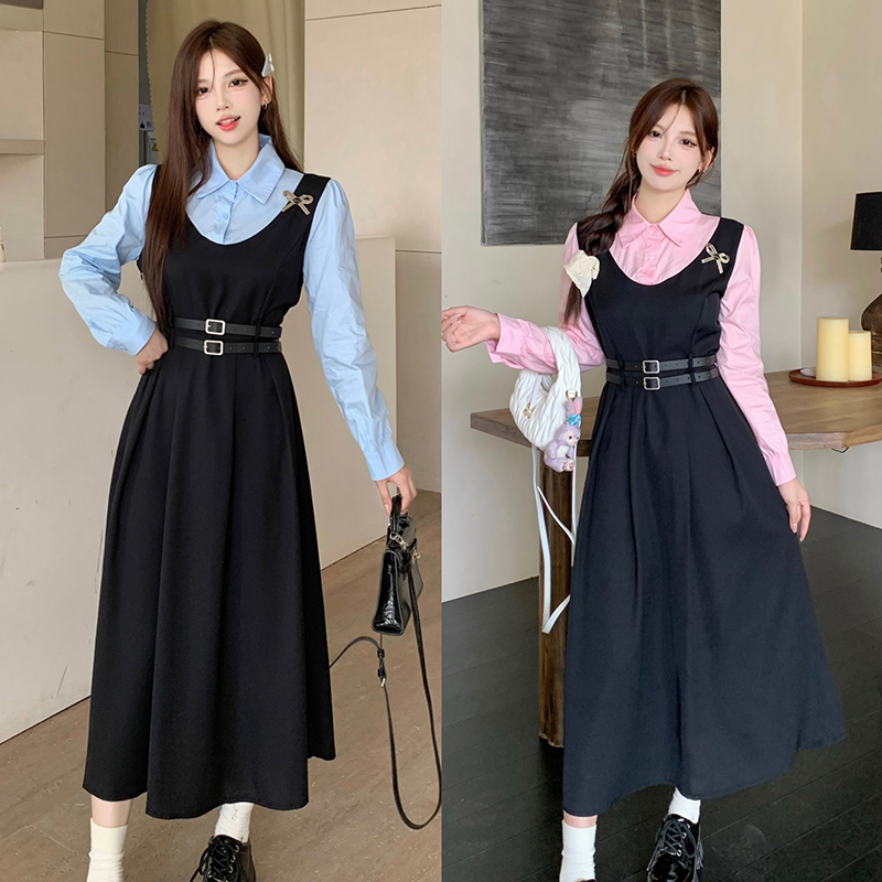 가을 빅 사이즈 여성 의류 지방 mm 페이크 레이어드 패치워크 스트랩 드레스 이른 가을 루즈핏 슬림해 보이는 캐주얼 롱 스커트