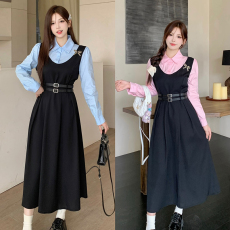 批发春夏<b class='q'>大码</b>女装胖mm假两件拼接绑带连衣裙初秋宽松显瘦休闲长裙