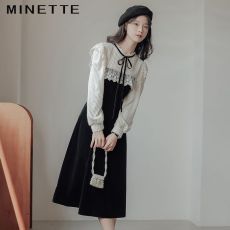 批发2024新款连衣裙<b class='q'>高档</b>洋气法式复古甜美减龄蕾丝拼接长袖过膝长裙子