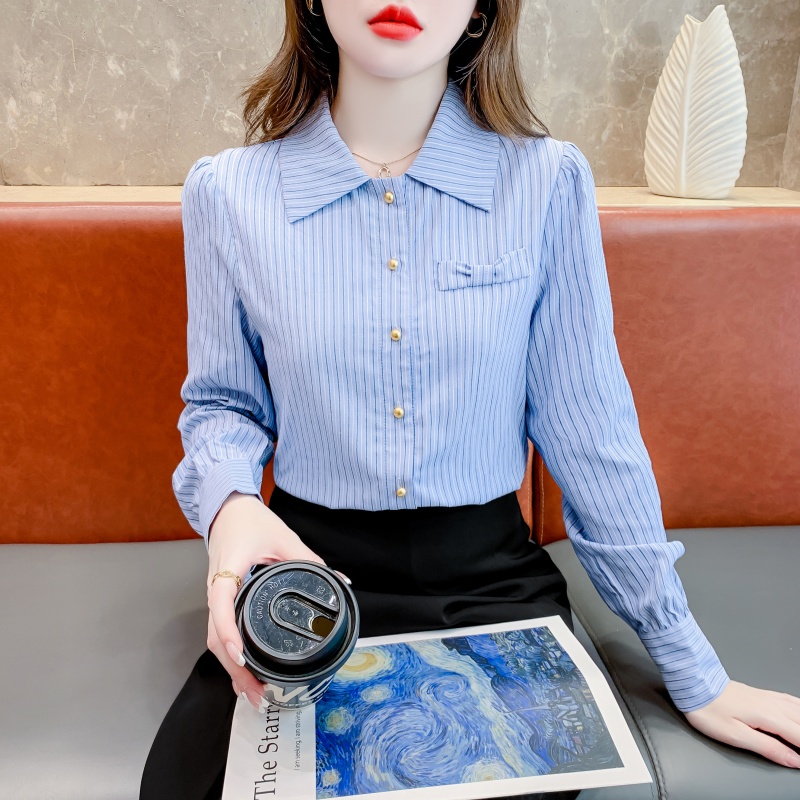 PF23946# 衬衫女设计感小众条纹气质上衣新款洋气减龄法式衬衣女裝貨源服裝批發