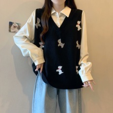 批发实拍~大码设计感针织衫拼接衬衫新款小狗毛衣胖mm假两件长袖上衣