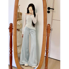批发实价有货港风慵懒松弛感浅蓝色大喇叭春季高腰宽松垂感阔腿<b class='q'>牛仔裤</b>