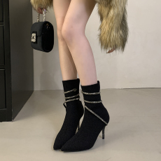 批发米庭2025秋冬新款尖头水钻短靴<b class='q'>女</b>黑色高跟弹力靴针织瘦瘦靴袜靴<b class='q'>女</b>