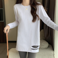 批发实拍配鲨鱼裤上衣女白色中长款宽松叠穿<b class='q'>破洞</b>长袖T恤打底衫上衣服