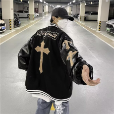 批发2024春秋季美式高街复古十字架刺绣棒球服街头<b class='q'>嘻哈</b>百搭夹克外套男