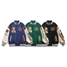 批发皮拼接！美式棒球潮牌春秋季刺绣情侣宽松休闲百搭外套夹克