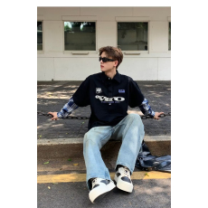 批发格子衬衫拼接假两件卫衣男春秋美式复古学院风翻领POLO衫长袖T恤